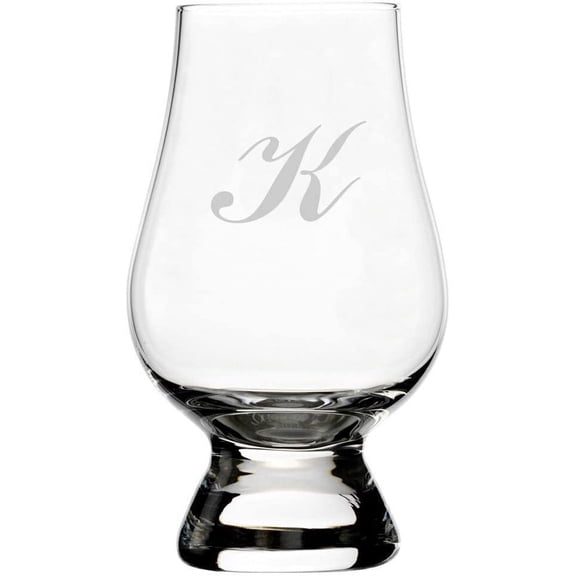 Commercial Script Etched Monogram Glencairn Crystal Whisky Glass Letter K