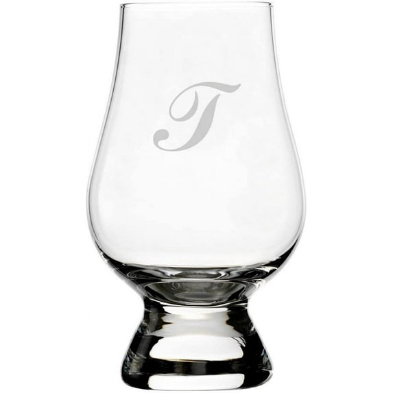 Commercial Script Etched Monogram Glencairn Crystal Whisky Glass Letter T
