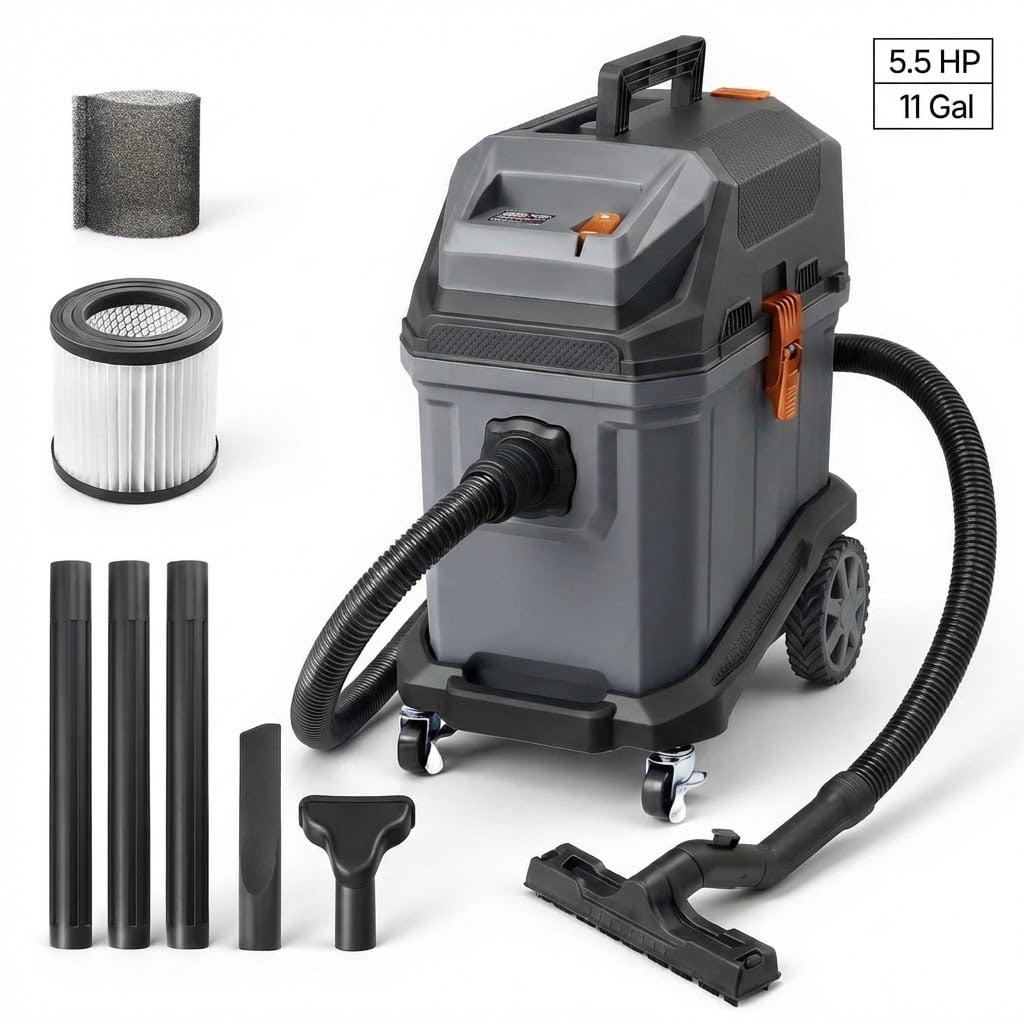 Commercial Shop Vac, 11 Gallon Wet Dry Shop Vacuum, 5.5 Peak HP Portable with One-Button Self-Cleaning, 1350W Input, 1.25in x 7ft Hose, 20ft Cord, Industrial-Grade for Jobsite, Workshop