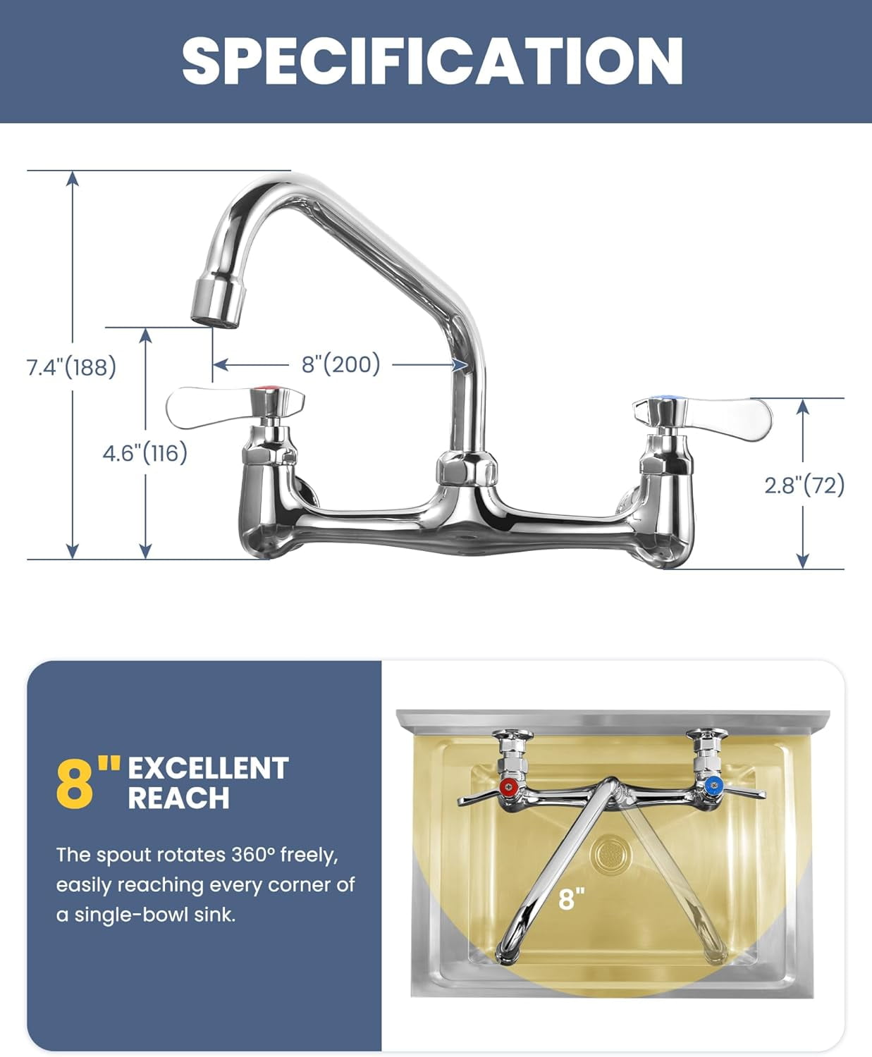 Commercial Sink Faucet with 8" Swivel Spout, 8" Center Wall Mount ...