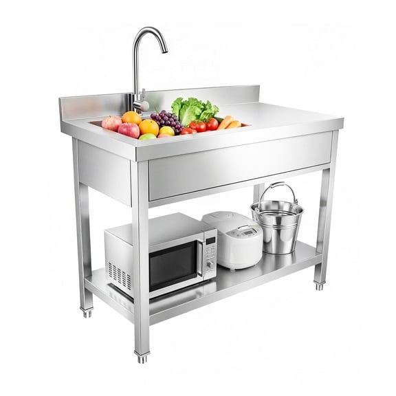 Commercial Sink Include Faucet & legs, Kitchen Sink with Hot & Cold Water Pipes, Single Bowl Sink Basin, Heavy Duty Freestanding Laundry Tub for Dormitory Laundry Room
