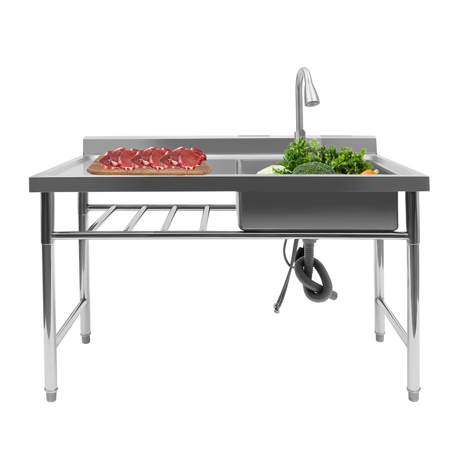 Commercial Sink Stainless Steel Freestanding Kitchen Sink with Prep Table Kitchen Single Bowl Sink with 360°Faucet Drain for Kitchen Bar Cafe, 47 * 23 * 31inch