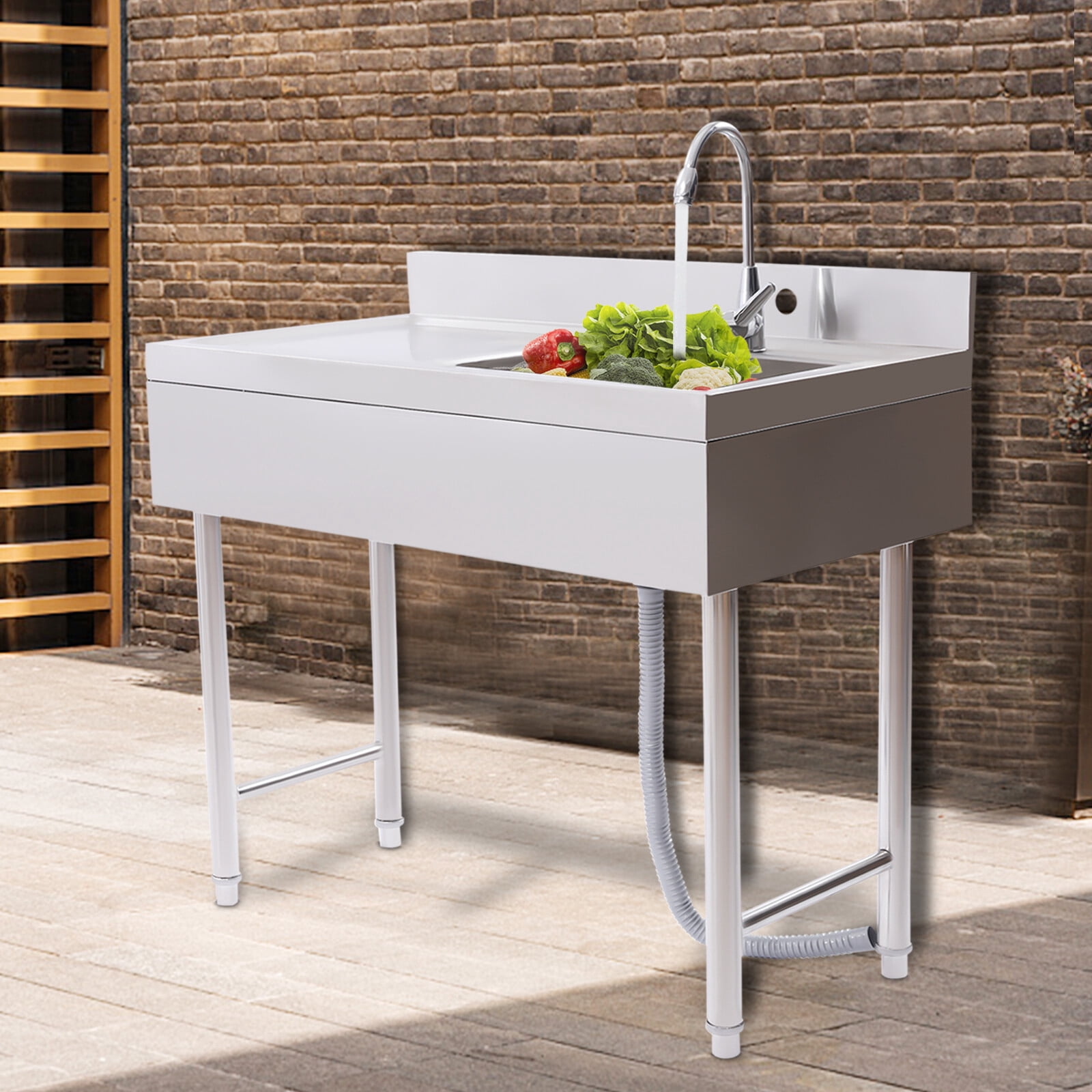 SENDERPICK Freestanding Silver Commercial Sink Stainless Steel Kitchen Utility Sink 1 Compartment & Prep Table