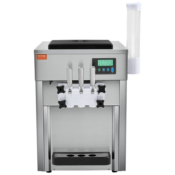 3-Flavor Commercial Ice Cream Maker, 21 QT/Hour Output, Countertop Soft Serve Machine, 1800W, 2x4L Hopper & 2x1.8L Cylinder, LCD Display, Auto Cleaning, for Cafes Restaurants