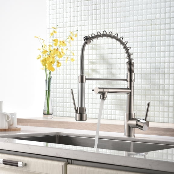 Commercial Spring Kitchen Faucet Pull Down Sprayer Brushed Nickel Solid Brass Deck Mount Kitchen Sink Tap