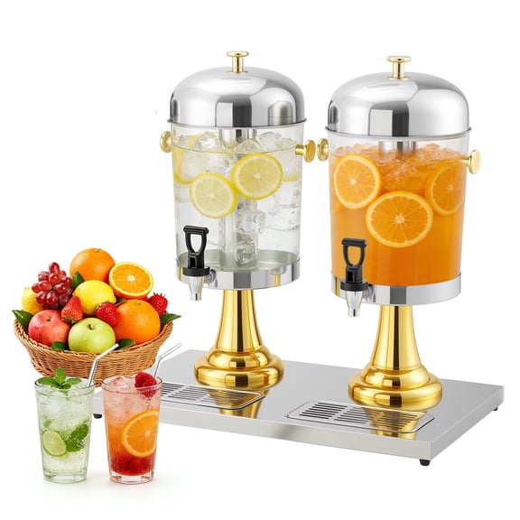 Commercial Stainless Steel Drink Dispenser with Ice Core Stand & Spigot for Parties Weddings - 2 Heads Gold