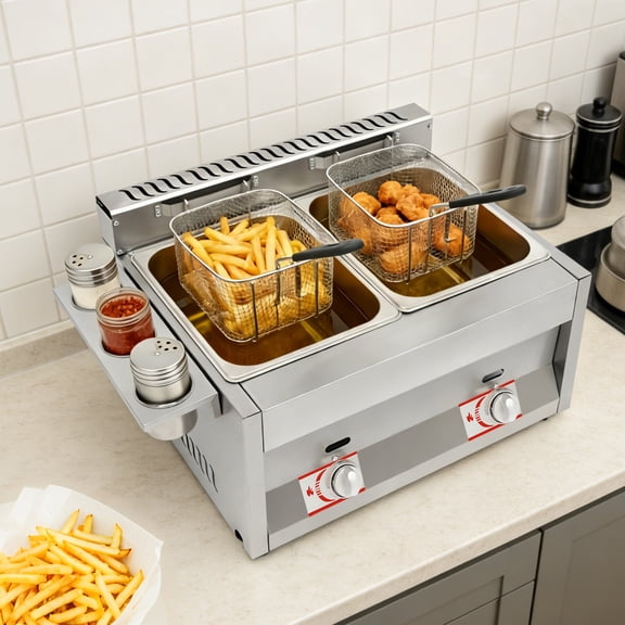 Commercial Stainless Steel Dual Tank Gas Deep Fryer, Tabletop Deep Fryer with Oil Filter Baskets for Restaurant Snack