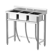 Commercial  Stainless Steel Sink, 3-Compartment Freestanding Sink, NSF Certificated, Kitchen Utility Sink for Garage, Restaurant, Backyard for Indoor Outdoor (39 Inch)