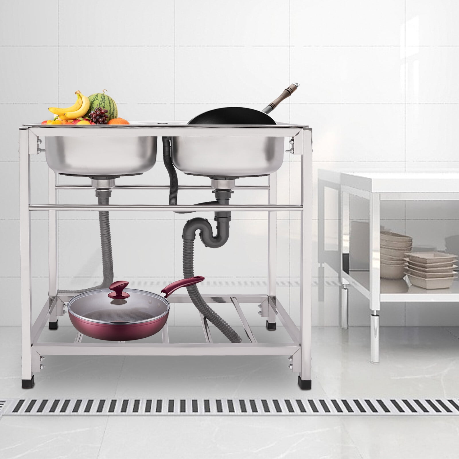 Commercial Freestanding Stainless Steel Sink, Kitchen Double Bowl Utility Sink For Stores, Garages, Utility Rooms, Kitchens, Laundries