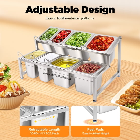 Commercial Stainless Steel Spice Rack with 8 Pans 2-Tier Buffet Station for Cafes, Restaurants, Food Trucks & Home Kitchens