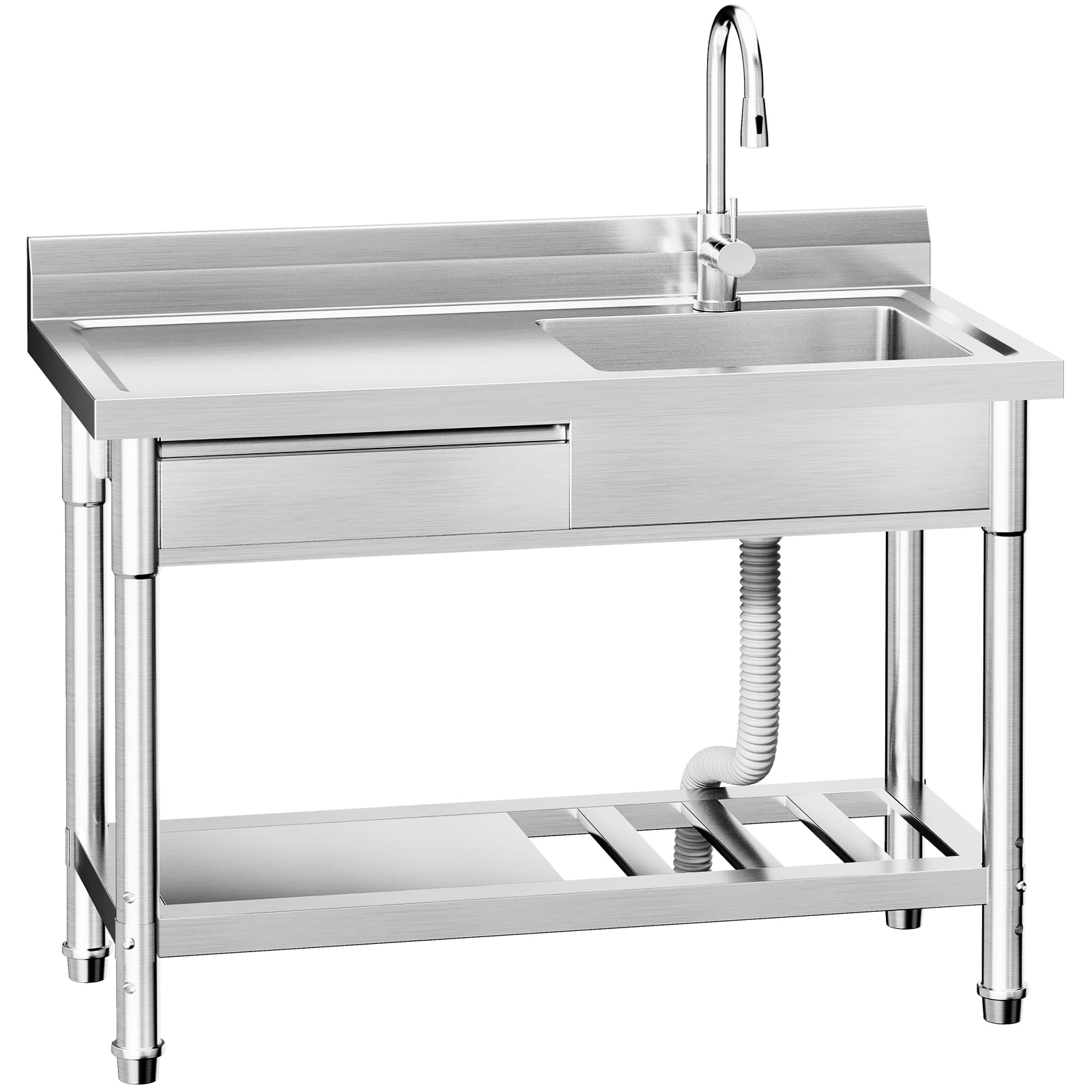 Commercial Stainless Steel Utility Sink with Faucet and Drawer, Outdoor Freestanding Kitchen Sink, 39.4" x 19.7" x 35.4" with Hot/Cold Water Lines, Heavy Duty Workstation