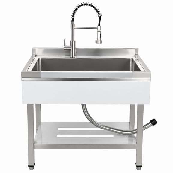 Commercial Stainless Steel Utility Sink, Heavy-Duty Freestanding Basin with Pull-Down Faucet for Garage Laundry Workshop, Silver/Black