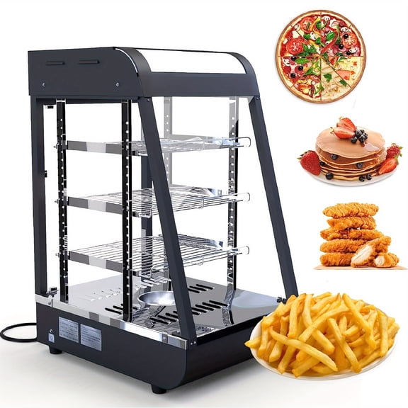 Commercial Three-Tier Food Warmer Display Case with Colored Lighting and Thermometer, for Keeping Pizza, Pretzels, and Baked Goods Warm in Cafeteria and Kitchen Settings