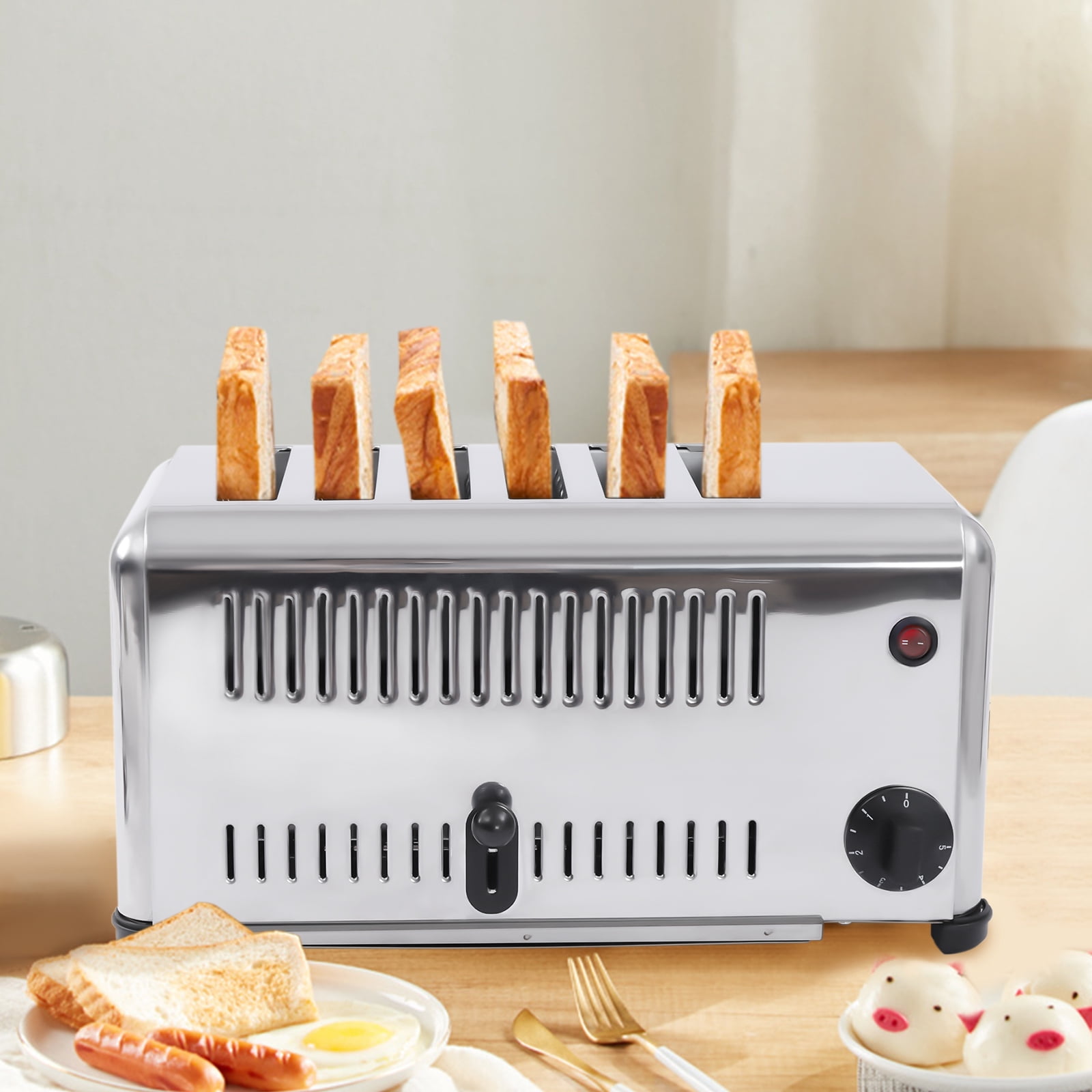 Commercial Toaster, 6-Slice Stainless Steel Toaster with 1680W High Power & 1-5 Min Timer, for Restaurant, Breakfast Cafe, Bakery, and Large Family Kitchen
