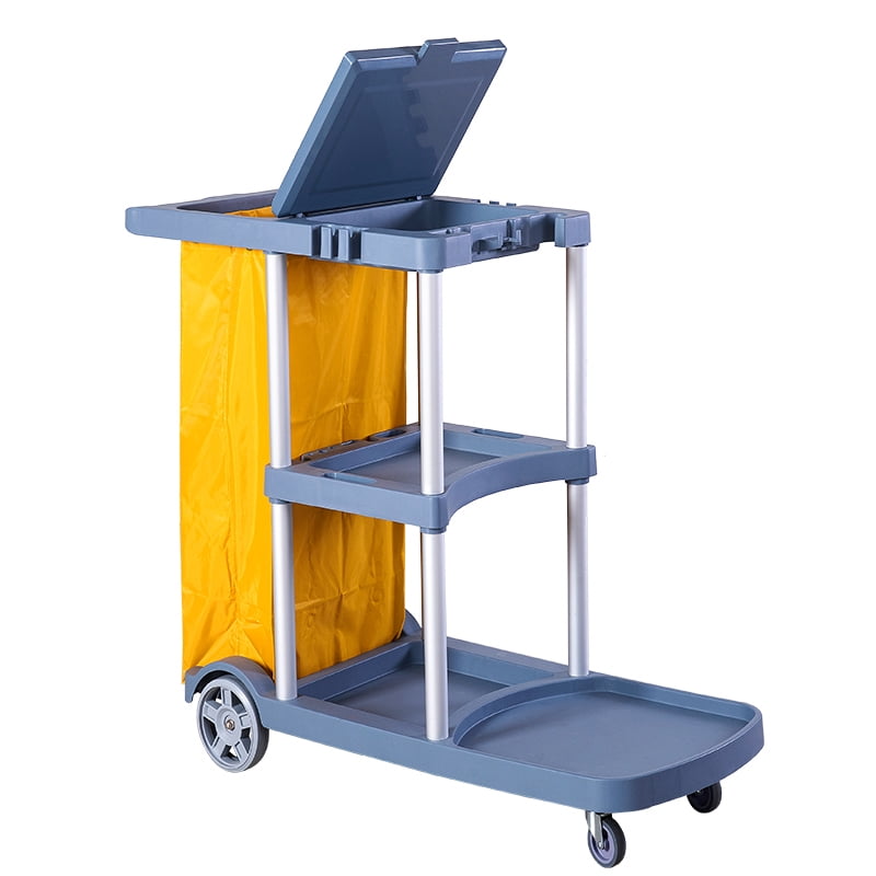 Tonchean Commercial Janitorial Cart 3 Shelf Housekeeping Cleaning Cart, Large Capacity Utility Clean Trolley with Wheels and 25 Gallon Vinyl Bag