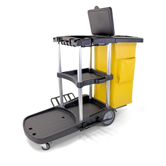 Commercial Traditional Cleaning Janitorial 3-Shelf Cart, 500 Lbs Capacity Housekeeping Cart, 42.5" L x 18.7" W x 37.6" H, Wheeled with 22 Gallon Zippered Yellow Vinyl Bag and Cover, Black