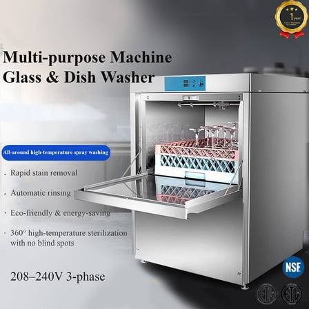 Commercial Undercounter High-Temperature Dishwasher, NSF Certified, 208-240V 3-Phase, 30 Racks/Hour, Stainless Steel