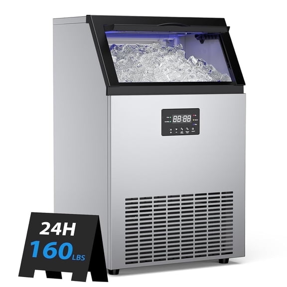 Commercial Undercounter Ice Maker, 165Lbs/24H Stainless Steel Ice Machine with 45Lbs Storage Bin, Freestanding Built-in Design for Restaurant Bar Use