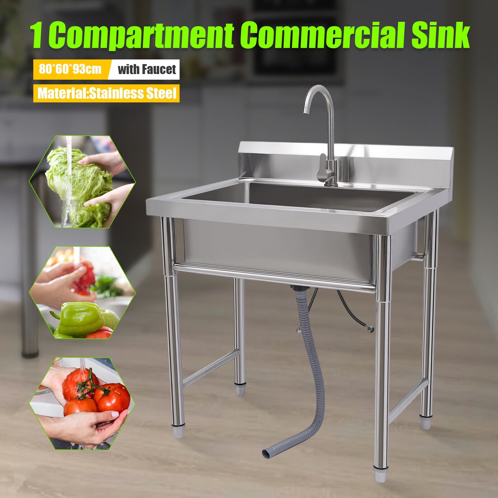 Commercial Utility Prep Sink Stainless Steel 1 Compartment W/Basins Backsplash