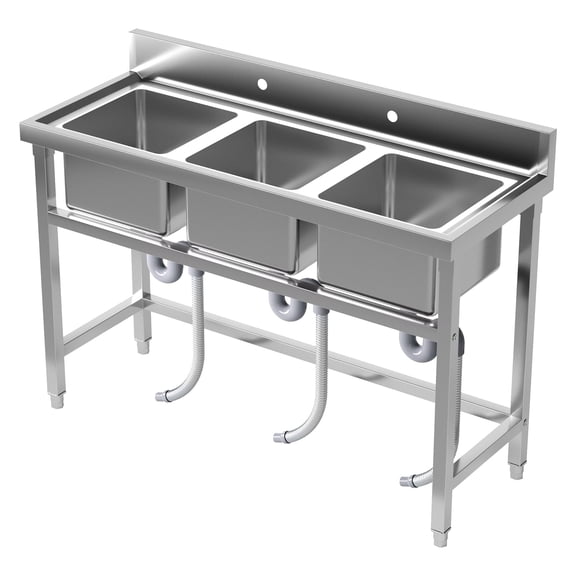 Commercial Utility Sink, 3 Compartment Commercial Triple Bowl Basin, Stainless Steel Utility Sink, Outdoor Freestanding Kitchen Sink for Food Truck