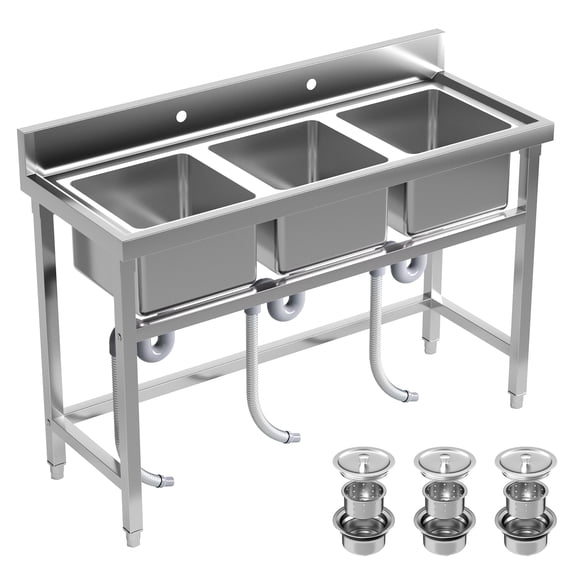 Commercial Utility Sink, 3 Compartment Stainless Steel Commercial Utility Sink, Utility Sink, Outdoor Freestanding Kitchen Sink for Canteen