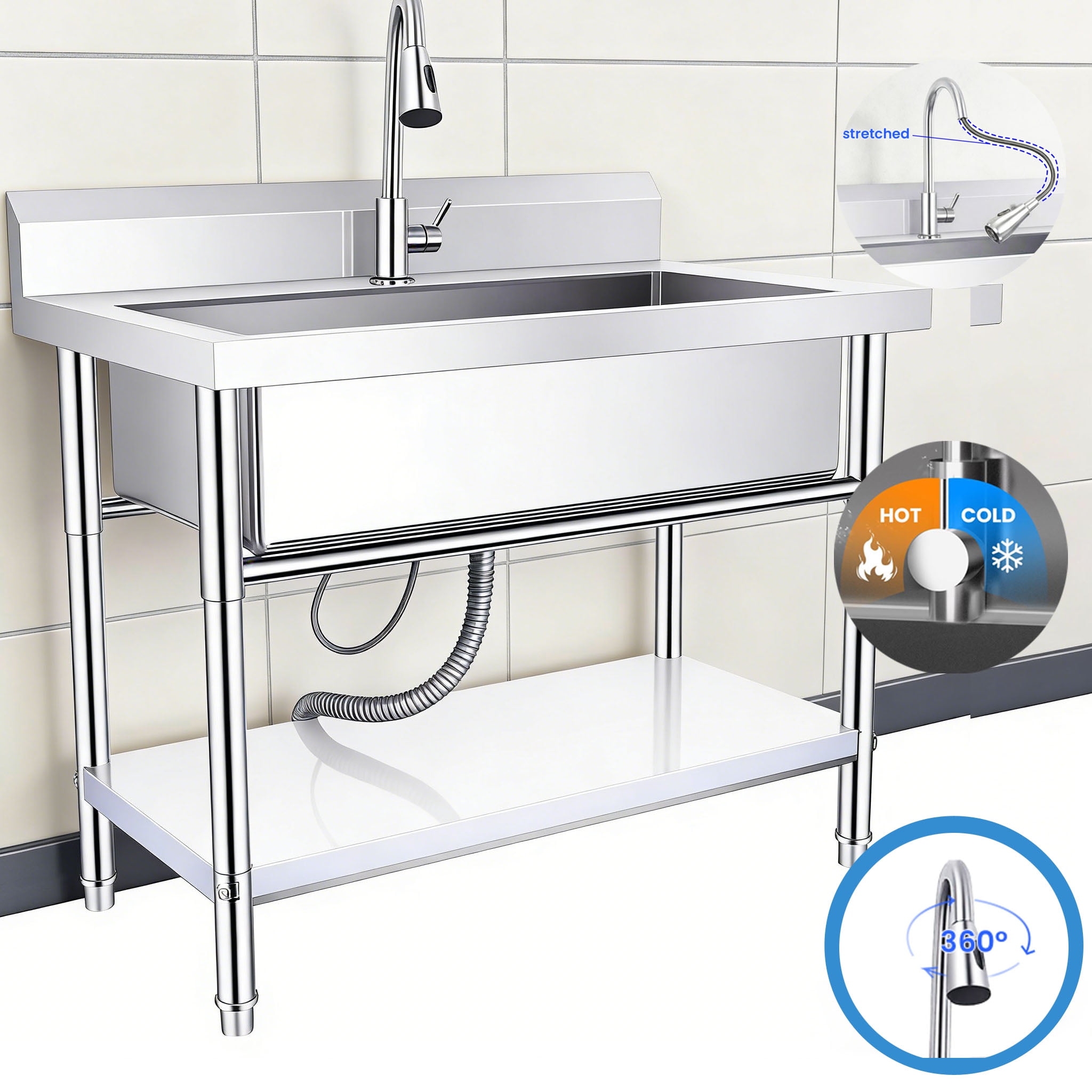 Commercial Utility Sink with Hot & Cold Water Pipes and pull-out Faucet, Kitchen Sink, Indoor and Outdoor Sink, Heavy Duty Single Bowl Sink Basin for Pet Grooming Shop