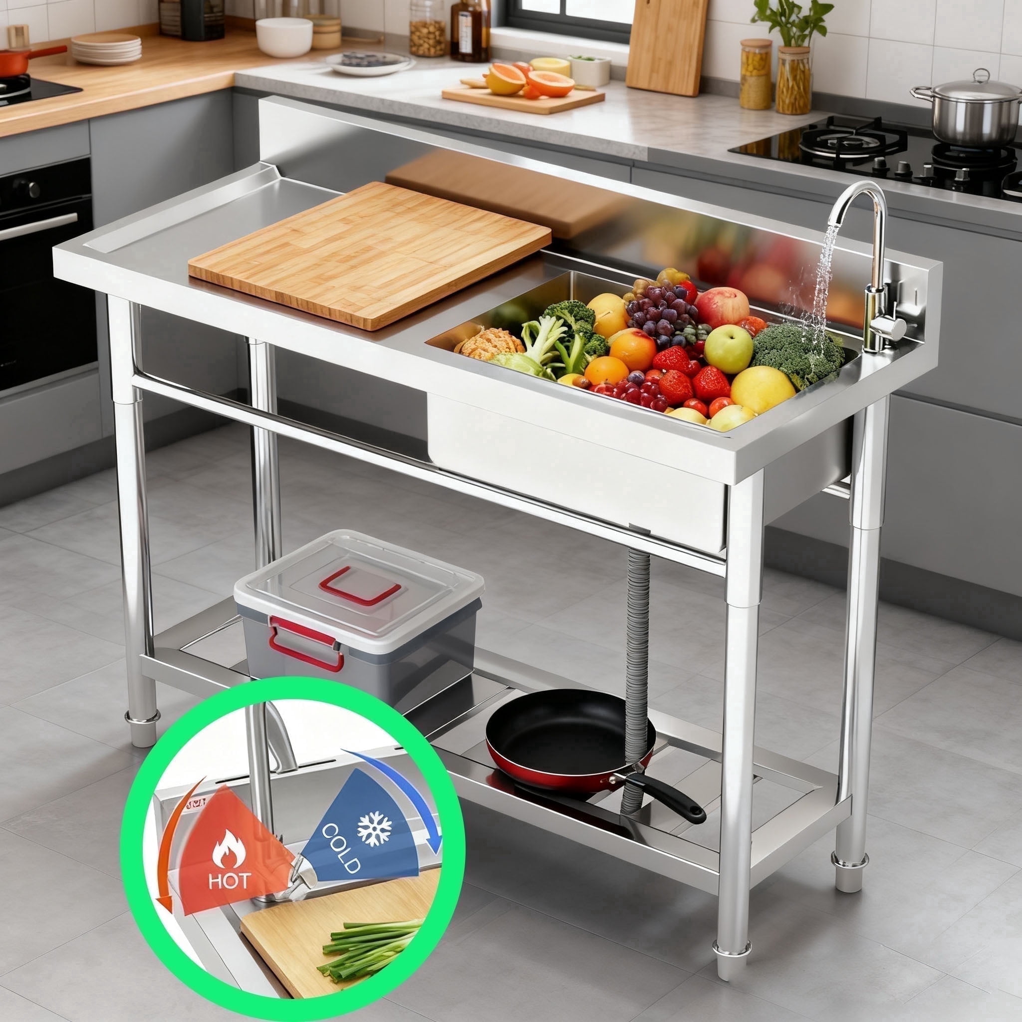 Commercial Utility Sink,Stainless Steel Freestanding Single Bowl Utility Sink for Garage, Laundry Room, Kitchen, and Restaurant Use, Commercial Grade, Durable and Easy to Clean