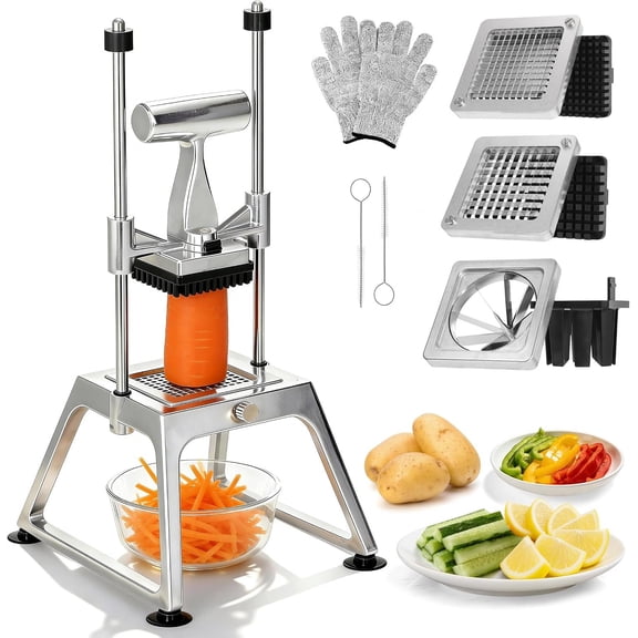 Commercial Vegetable  &  Fry , Stainless Steel Manual Dicer, 3  (1/4", 3/8", 8-Wedge), Suction Base,  Tomato Onion   for Restaurant &  Kitchen