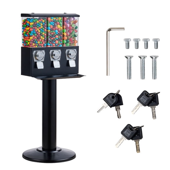 Commercial Vending Machine Triple Compartment Candy Dispenser with Iron Stand Coin Operated Gumball Bank for Business Toy Capsules Bouncy Balls Candy Nut Black