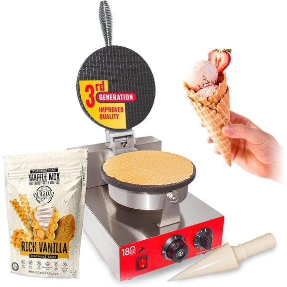 Commercial Waffle Cone Maker - Stainless Steel Ice Cream Cone Machine, 1 - Head 1000W Nonstick, Adjustable Temp & Timer - Includes Cone Roller & Free Vanilla Mix