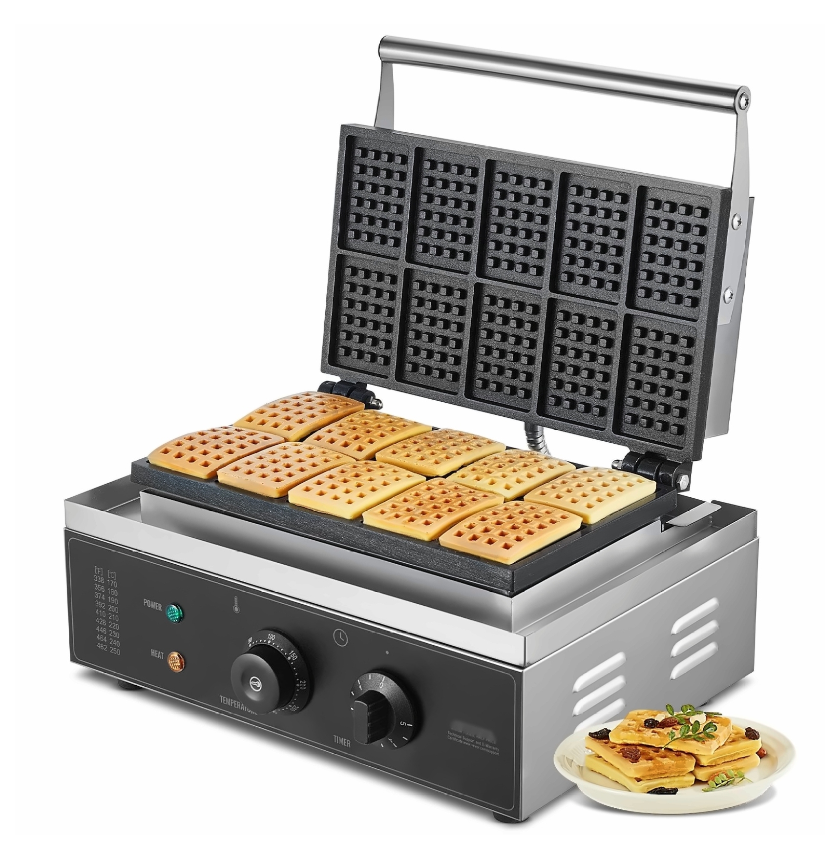 Commercial Waffle Maker, 10 Rectangular Waffles 1550W - Stainless Steel Baker Machine with Temperature Control & Timer for Restaurant, Home, Snack Stall