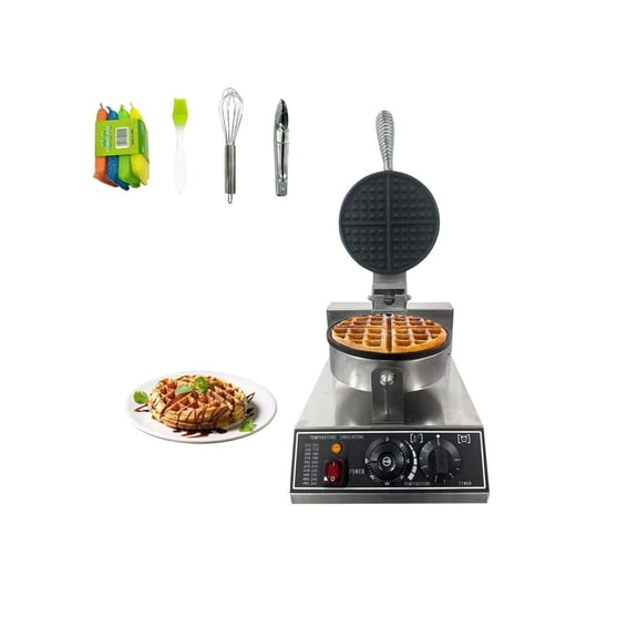 Commercial Waffle Maker,1200 W Round Nonstick Waffle Iron, Rotatable Waffle Baker Machine With 122-572 Temp Range And Time Control, Stainless Steel Waffle Maker Eflon-Coated Baking Pan