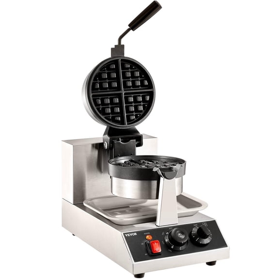 Commercial Waffle Maker 1300W Single Round Waffle Iron Non Stick Teflon Coated Baking Pans 50-300C Temperature Range Stainless Steel Body 120V