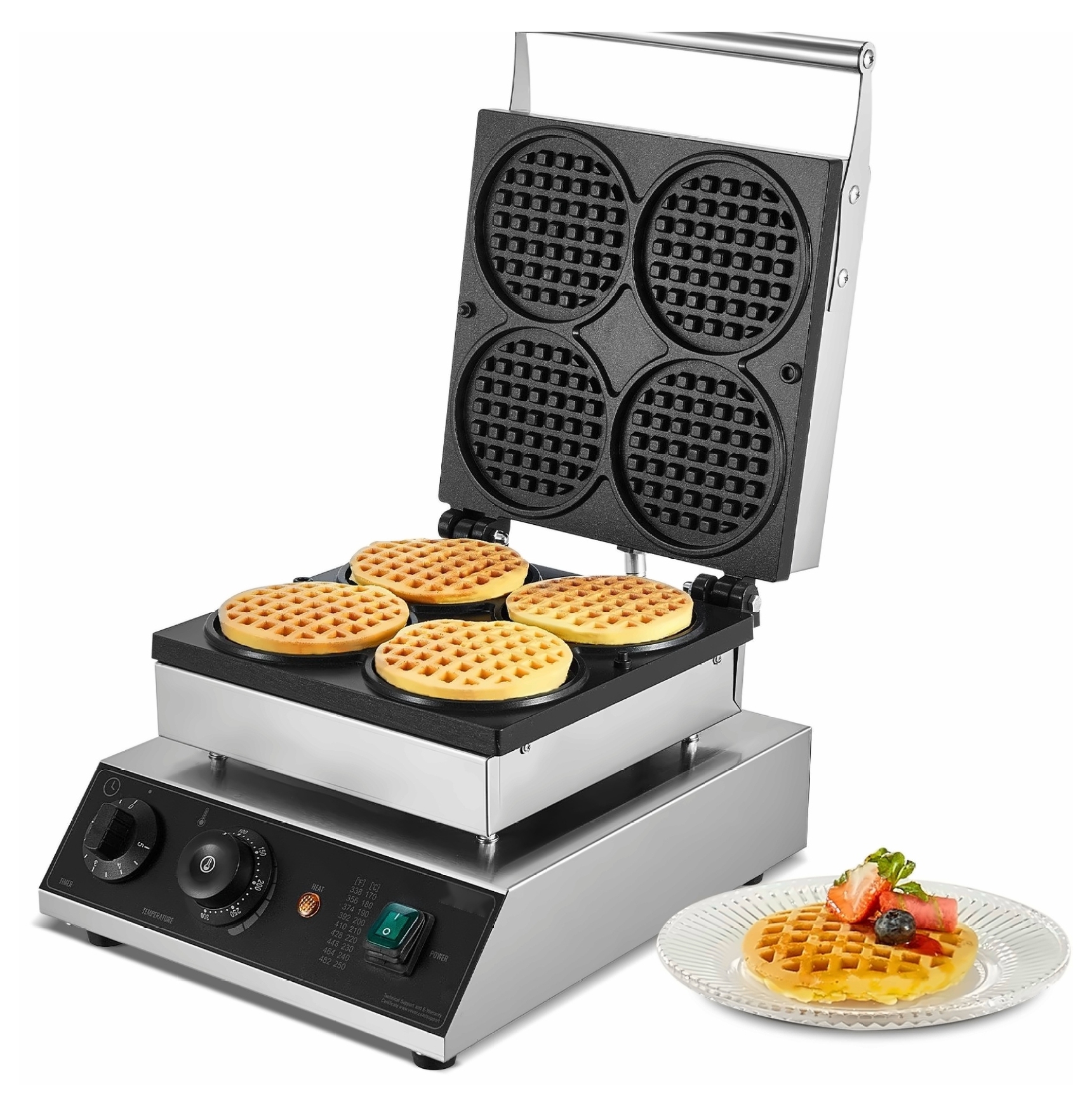 Commercial Waffle Maker 4PCS, 1750W Round Waffle Iron Machine, Non-Stick Baker, Professional Grade for Home & Restaurant