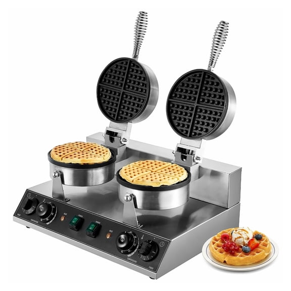 Commercial Waffle Maker - Dual Head Belgian Waffle Iron, 2460W Non-Stick Stainless Steel Baker with Temp & Time Control, for Restaurant, Bakery, Family