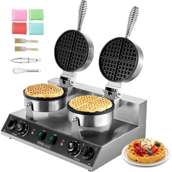 Commercial Waffle Maker, Dual-Head Round Waffle Baker Machine, 2460W Non-Stick Stainless Steel Belgian Waffle Iron with Temp and Time Control, Handle, for Restaurant Bakery Snack Bar Family
