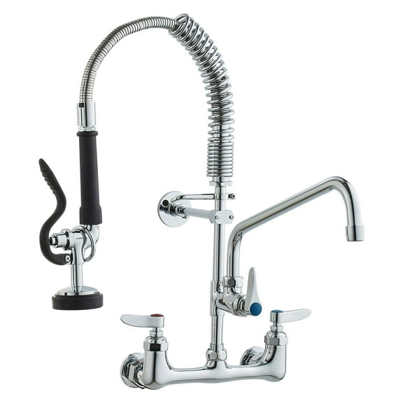 Commercial Pre-Rinse Faucet, Wall-Mounted with 12" Swing Spout and Pull-Down Sprayer, 8" Center for Multi-Compartment Sinks, Durable Brass Build