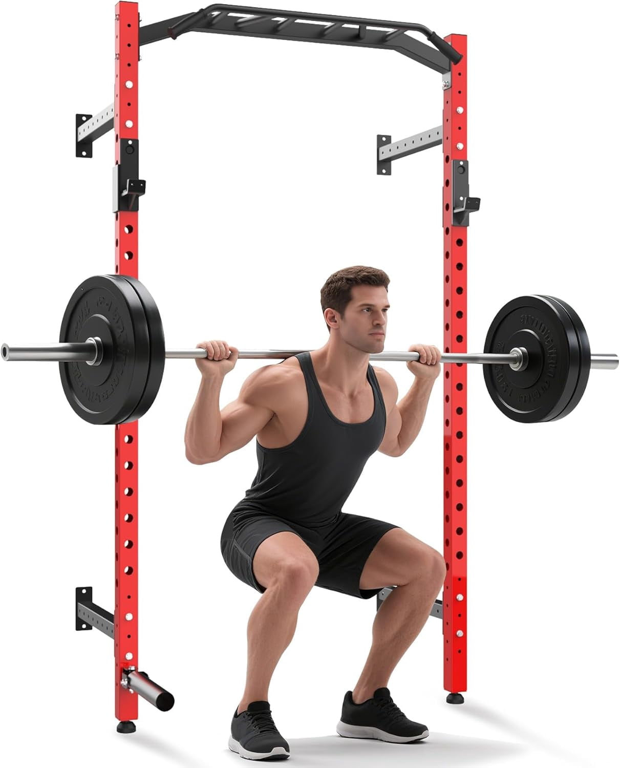 Commercial Wall Mounted Squat Rack, Heavy Duty Carbon Steel Home Gym Equipment with Multi-Grip Pull Up Bar, j-Cups & Landmine Attachment for Home and Garage Gym, Black/Red