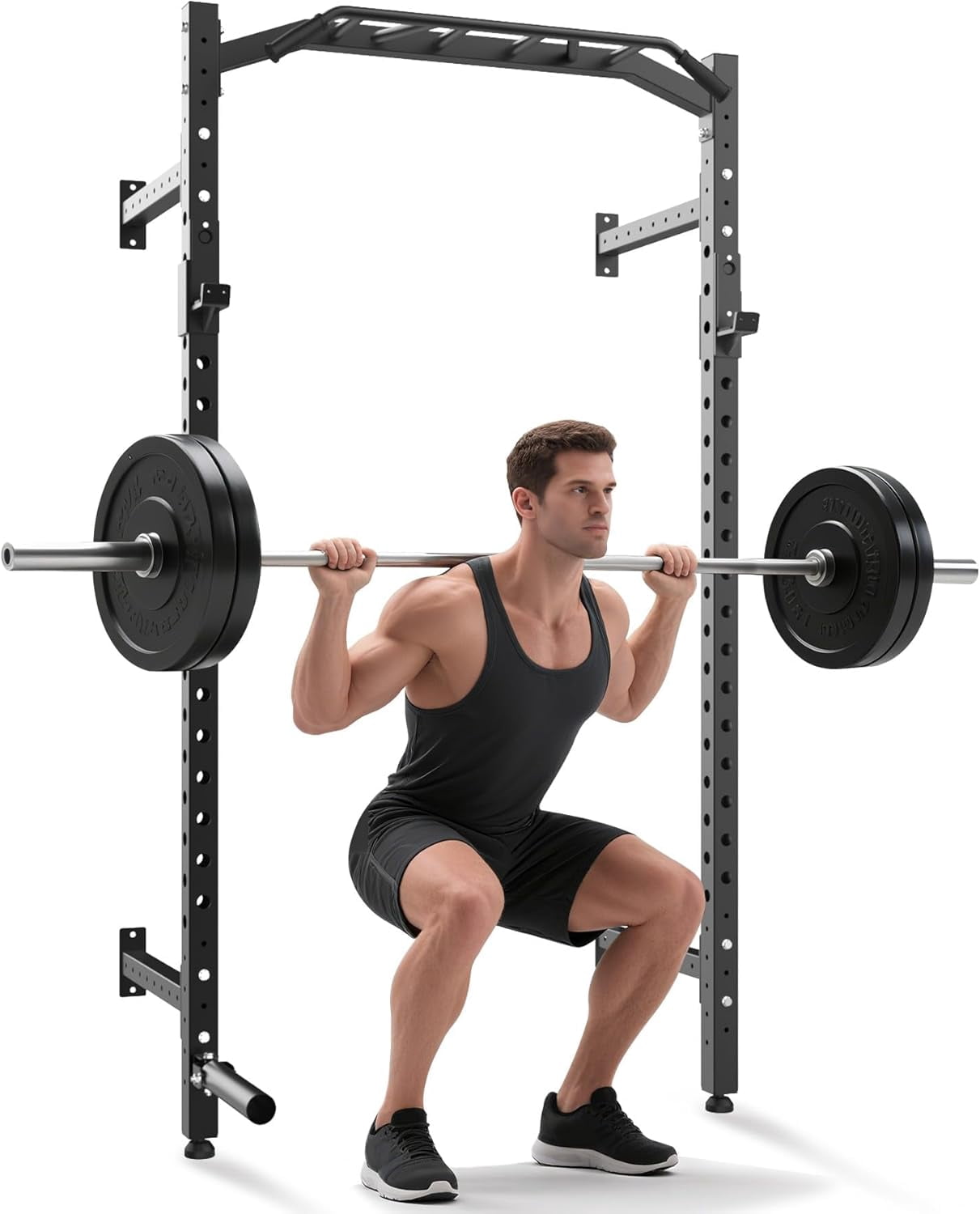 Commercial Wall Mounted Squat Rack, Heavy Duty Carbon Steel Home Gym Equipment with Multi-Grip Pull Up Bar, j-Cups & Landmine Attachment for Home and Garage Gym, Black/Red