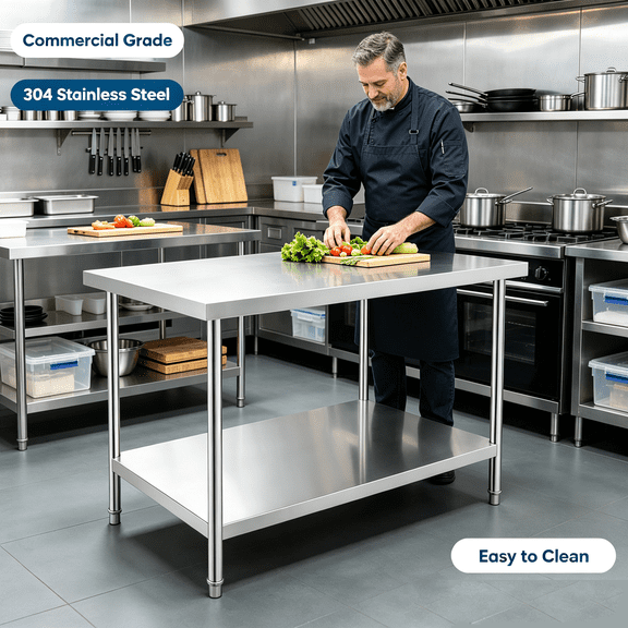 Commercial Work Table 48"x30" Stainless Steel, Heavy Duty Prep Table with Adjustable Undershelf, 1000 LBS Capacity Workstation for Restaurant Hotel Garage Workshop