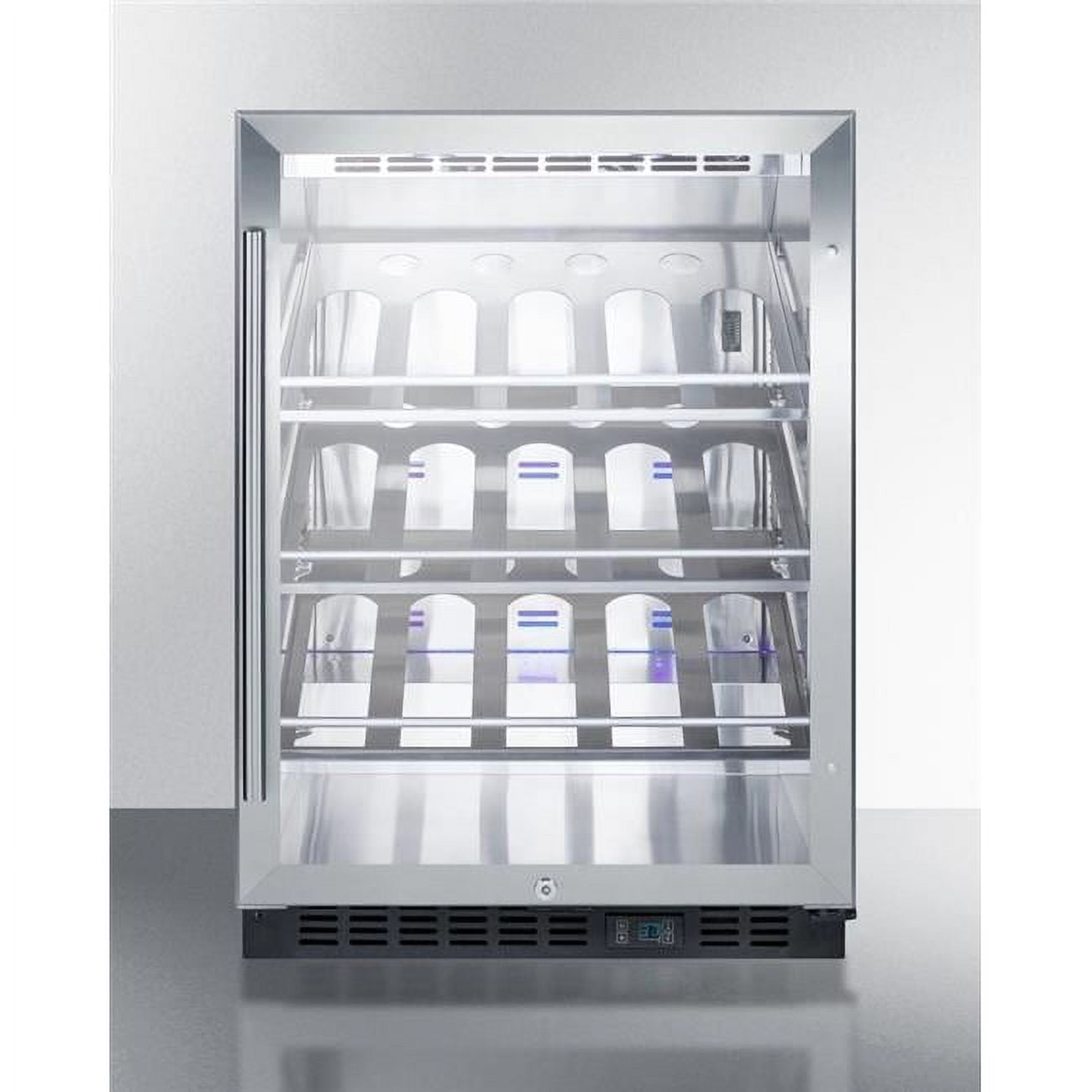Commercial built-in undercounter wine cellar with champagne style shelving