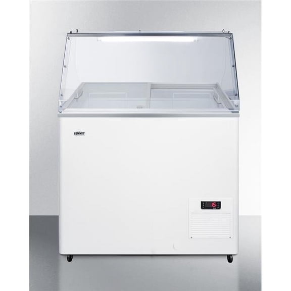 Commercial dipping cabinet with pre-installed sneeze guard, sliding glass lid, digital thermostat, and ice cream tub holder baskets