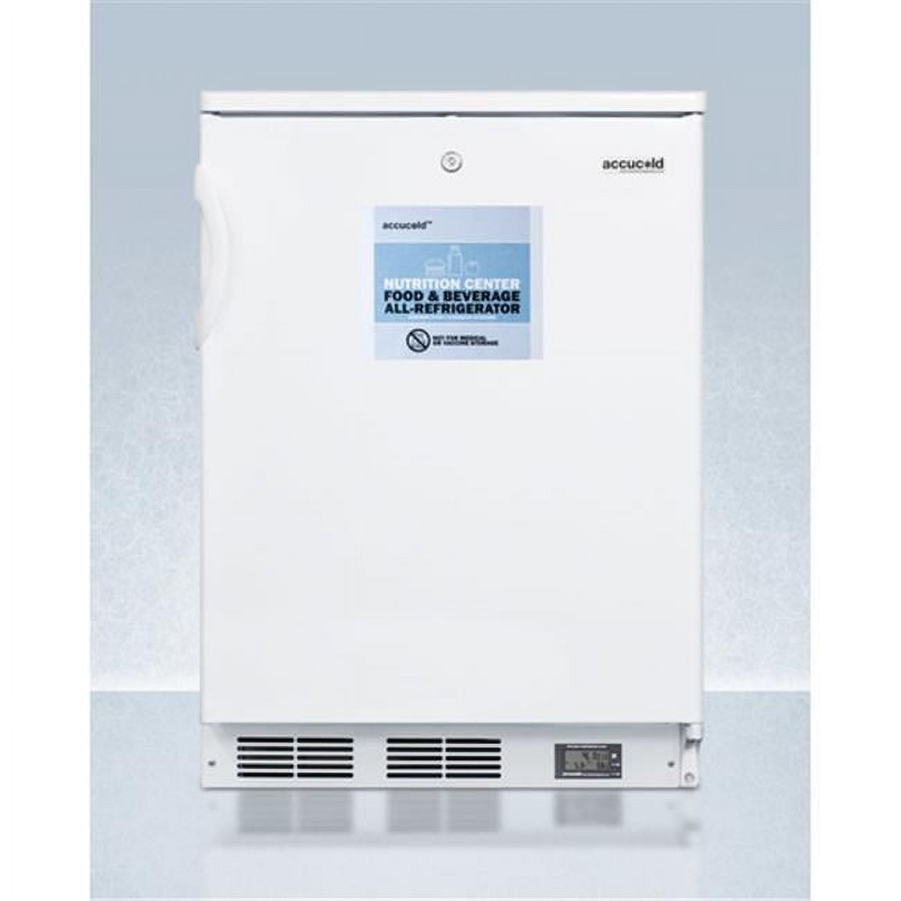 Commercially approved Nutrition Center series all-refrigerator in white for freestanding use, with front lock and digital temperature display