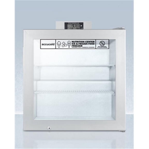 Commercially approved Nutrition Center series compact glass door all-freezer with front lock and NIST calibrated digital temperature display