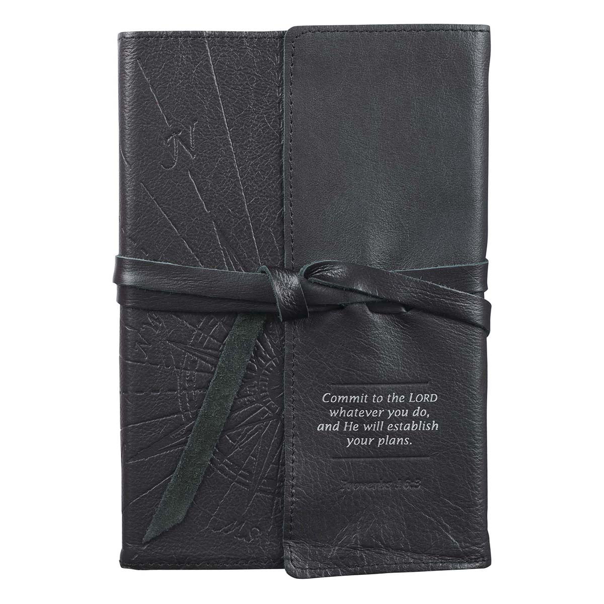 Commit To The Lord - Proverbs 16:3 Black Classic Full Grain Leather Writing Journal/Notebook Wrap Closure, 400 Lined Pages w/Inspirational Scripture, 6 x 8.5 Inches