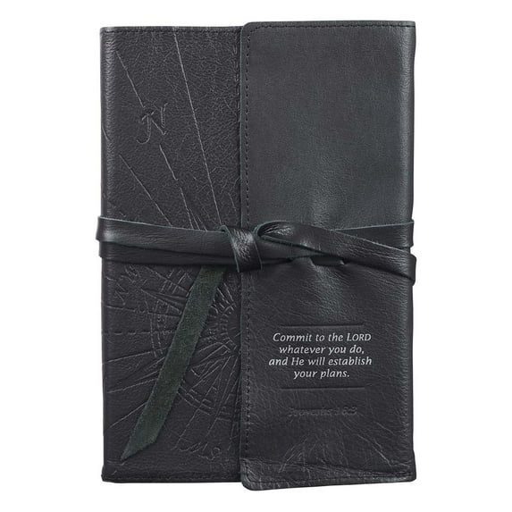 Commit To The Lord - Proverbs 16:3 Black Classic Full Grain Leather Writing Journal/Notebook Wrap Closure, 400 Lined Pages w/Inspirational Scripture, 6 x 8.5 Inches