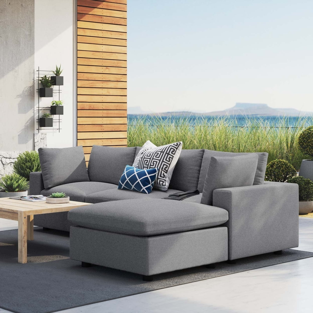 Gray Three-Seater Outdoor Sectional Sofa with Sunbrella Cushions