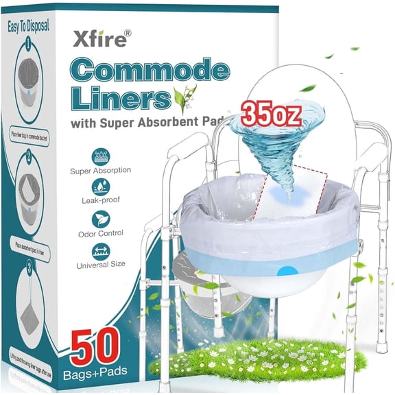 Commode Liners with Absorbent Pads- 50 Commode Bags+ 50 Commode Pads, Extra Thicken Commode Toilet Liners Universal Fit Bedside Commode, Portable Toilet, Chair Bucket, Bedpan