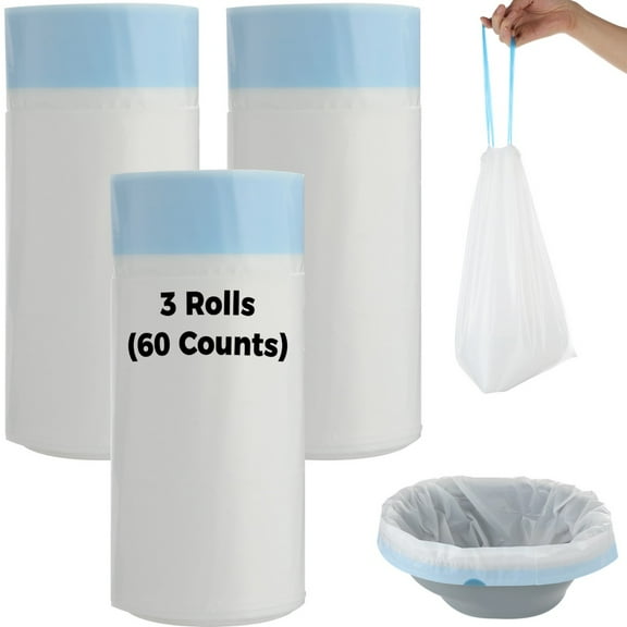 Commode Liners, Leak-Proof PE Bedside Commode Poop Bags 3 Rolls(60 Counts) with Drawstring Handle, Disposable Potty Chair Liners for Commode Chair, Buckets, Portable Toilets