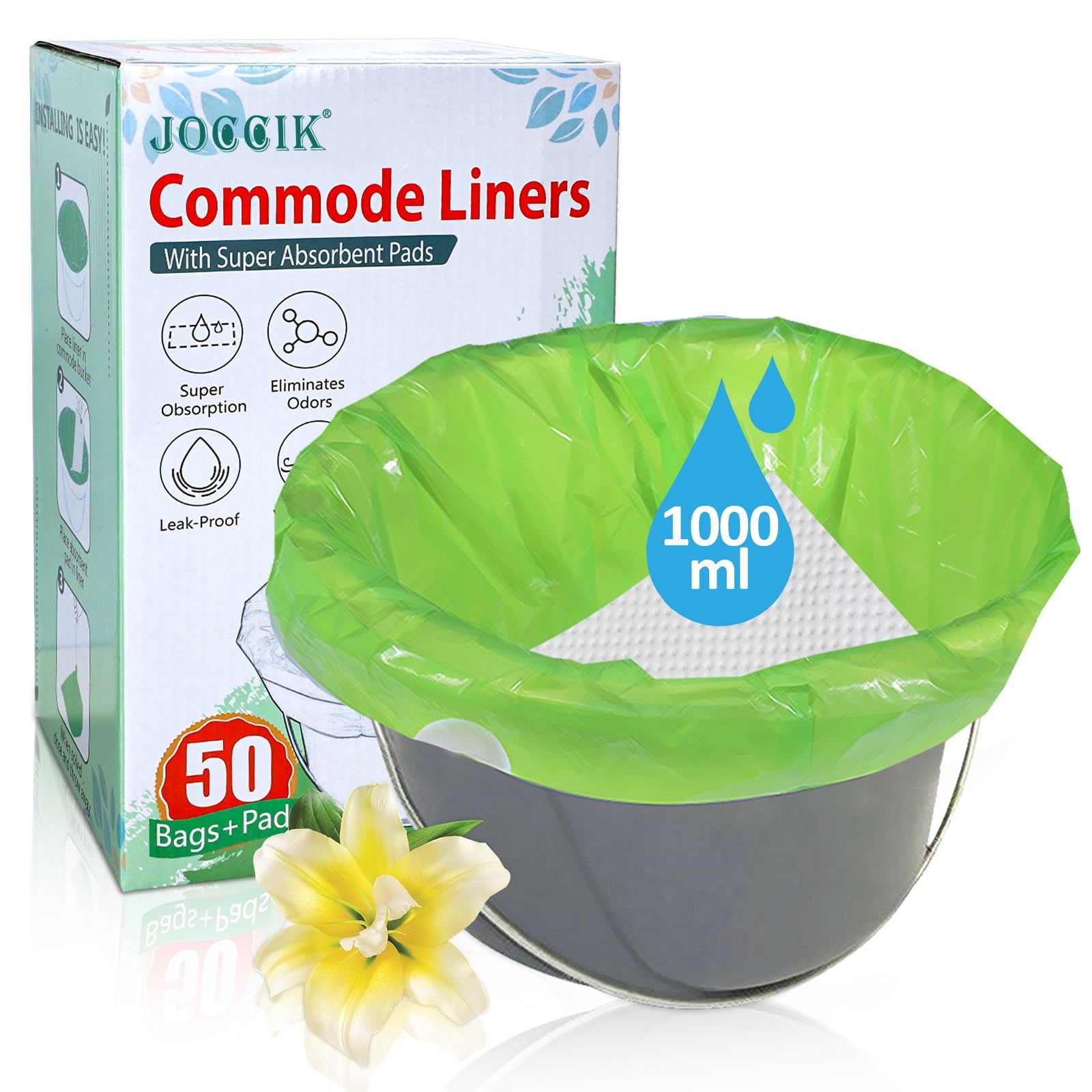 Portable Elderly Care Commode Liners, 50 Pack with Super Absorbent Pad